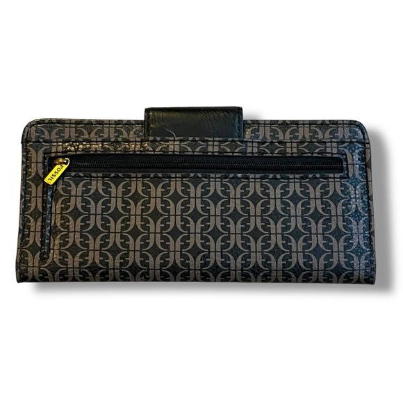 Fossil Madison Tab Clutch Wallet Slim Bi-Fold Black Taupe Geo Print PVC 7.5x3.5 - Picture 2 of 9